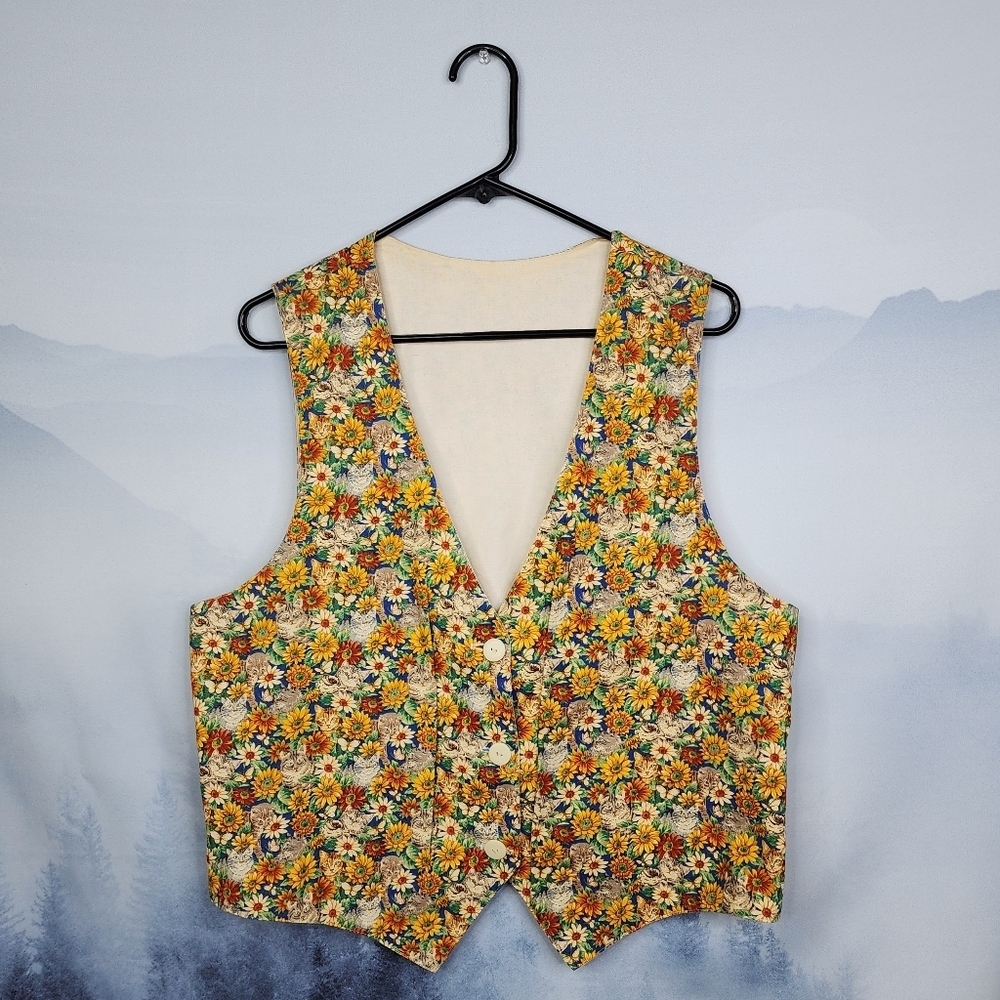 Cat Floral Print Button Up Women's Vest